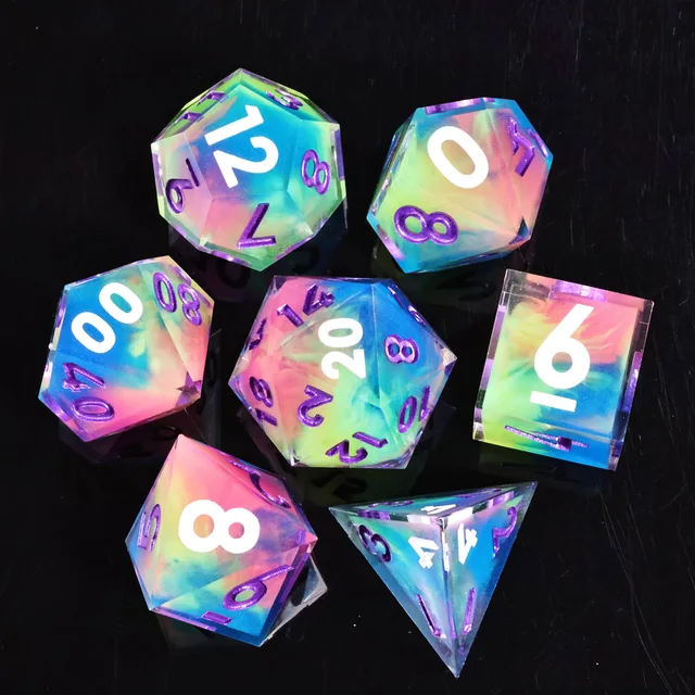 Seven translucent rainbow-layered polyhedral dice with purple and white numerals on a black surface.