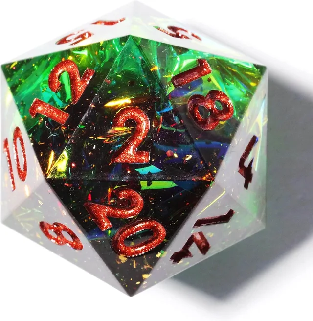 Close-up of a green and black D20 with copper-red numbers and reflective flecks.