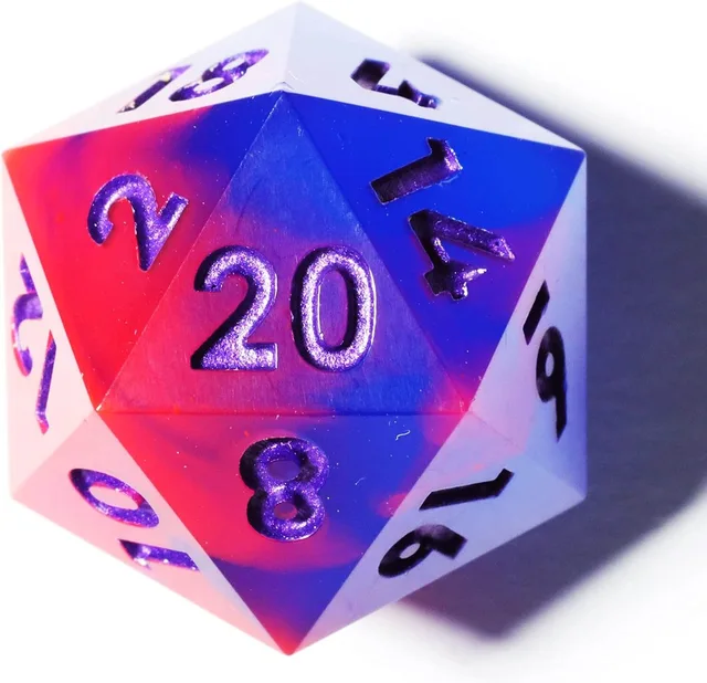 Close-up of a pink-red and blue-purple D20 with a purple 20.