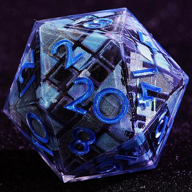 Close-up of a D20 with bright blue numbers and a blue-silver square pattern.