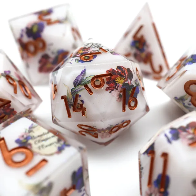 Close-up of the floral D20 with copper-coloured numbers.