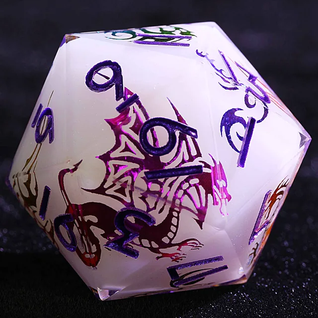 Close-up of a white D20 with purple numbers and an iridescent dragon design.
