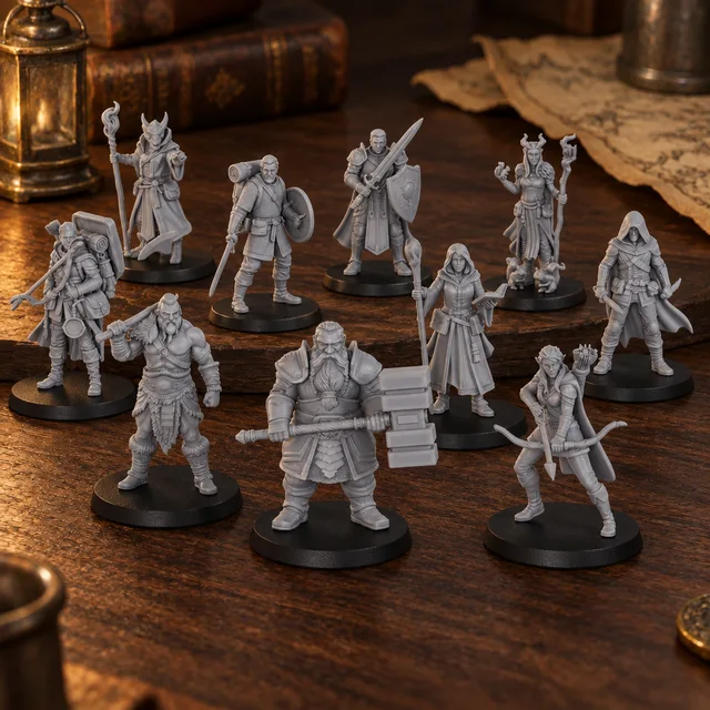 Grey fantasy character miniatures in varied poses on round black bases, with sculpted cloaks, armour and weapons.