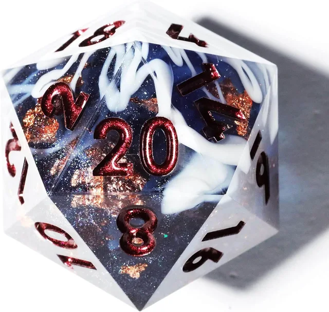 Close-up of a marbled D20 with red numbers and copper-colored flecks.
