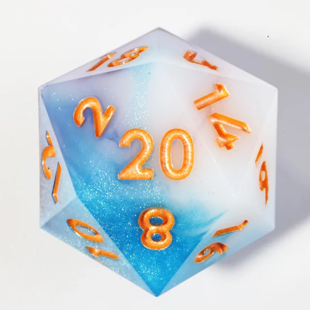 Close-up of a blue and white cloud-swirl D20 with orange numbers.