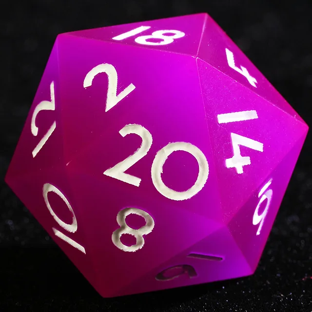 Close-up of a magenta-purple D20 with white numerals.