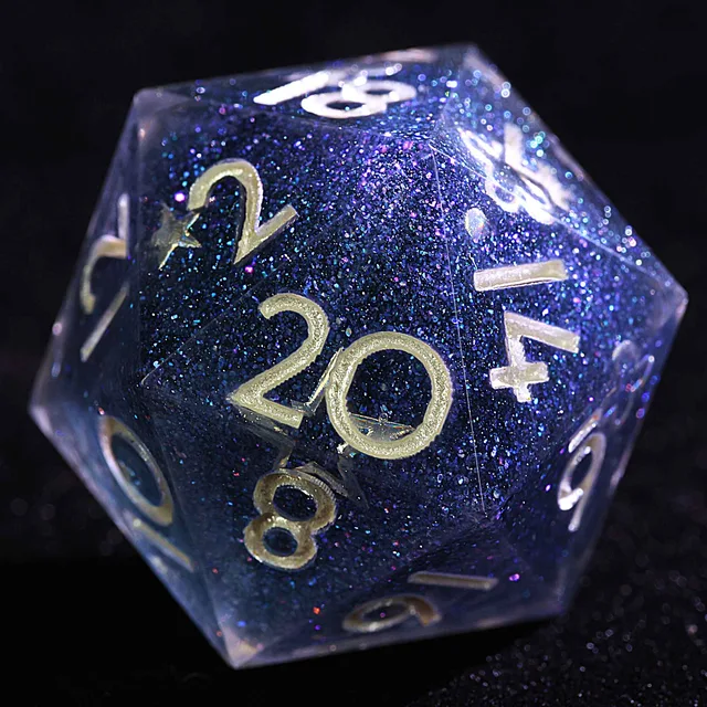 Close-up of a dark blue glitter-filled D20 with pale numerals.
