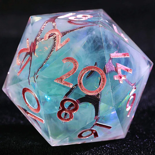 Close-up of a misty blue-green D20 with dark branching veins and metallic pink numerals.