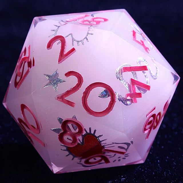 Close-up of pale pink-white D20 with red numbers, a red heart, and silver decorative accents.