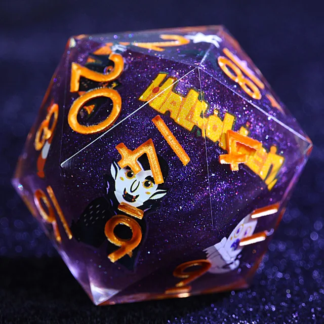 Close-up of a glittery purple D20 with orange-gold numbers and a vampire illustration.