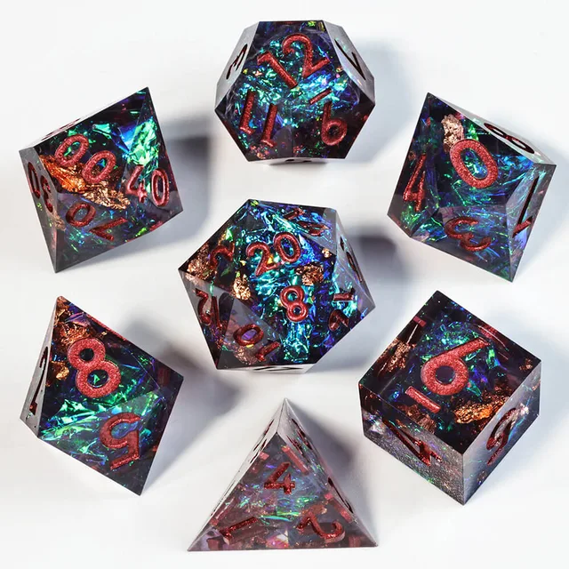 Seven dark translucent polyhedral dice with blue-green shimmer and red numerals on white.