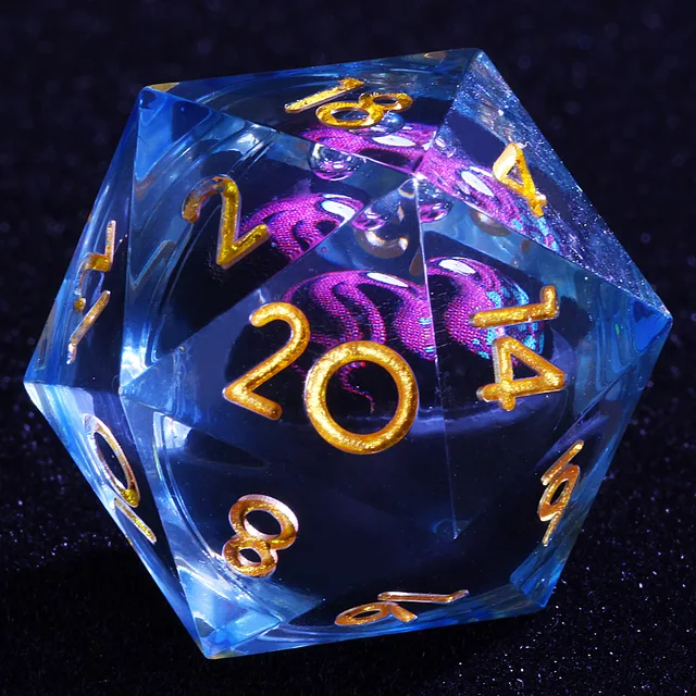 Close-up of a transparent blue-tinted D20 with gold numbers and a purple octopus core.