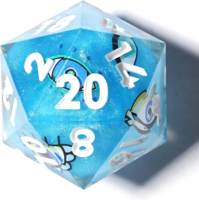 Close-up of a blue glitter D20 with eye illustrations and white numbers.