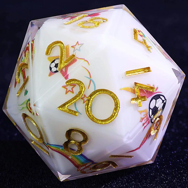 Close-up of the white-centred D20 with gold numbers and colourful football graphics.