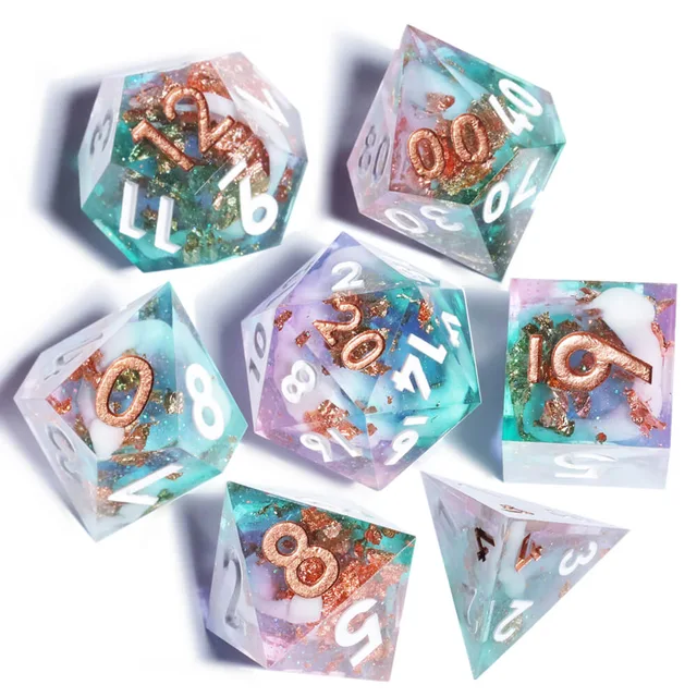 Seven translucent teal and purple dice with copper-coloured flecks arranged on white.