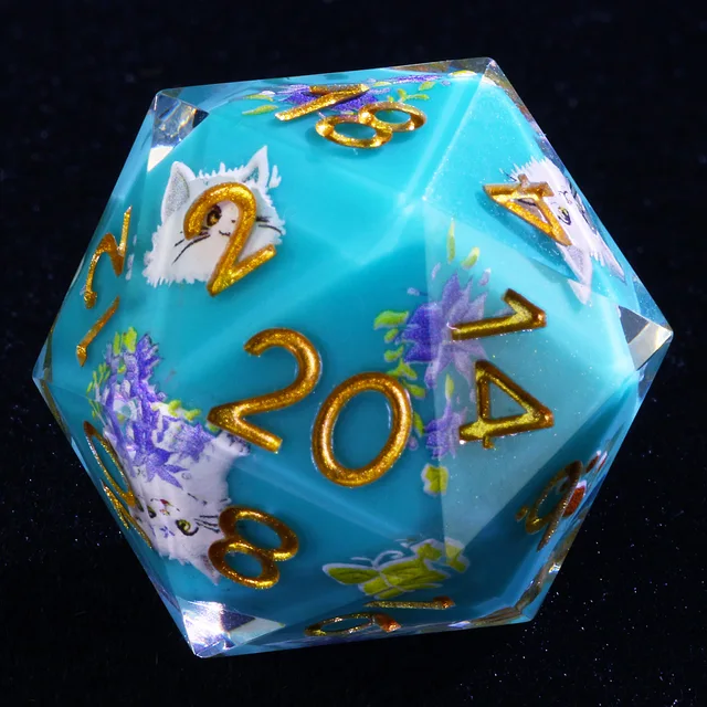 Blue D20 with gold numbers, white cats, purple flowers and clear edges.