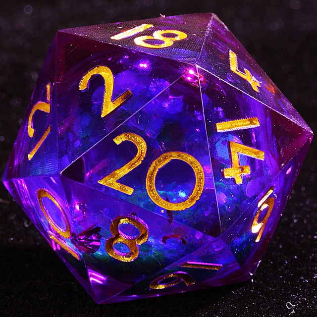 Close-up of a purple liquid-core D20 with a blue-green centre and gold numbers.