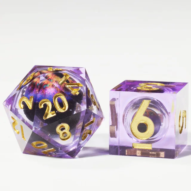 Purple twenty-sided and six-sided dice with gold numbers