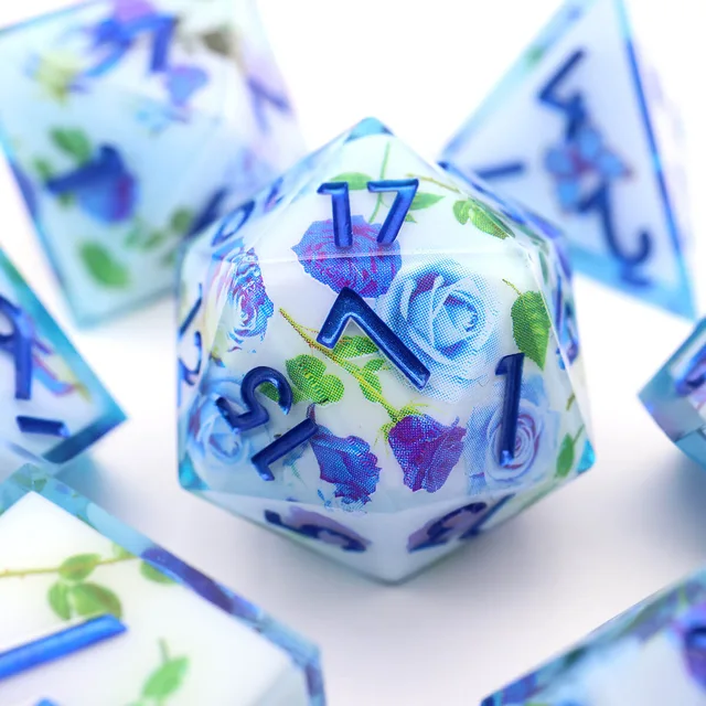 Close-up of the floral D20 with blue numerals.