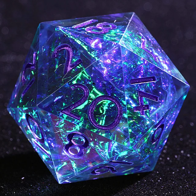 Close-up of a blue translucent D20 with iridescent flecks and purple numbers.