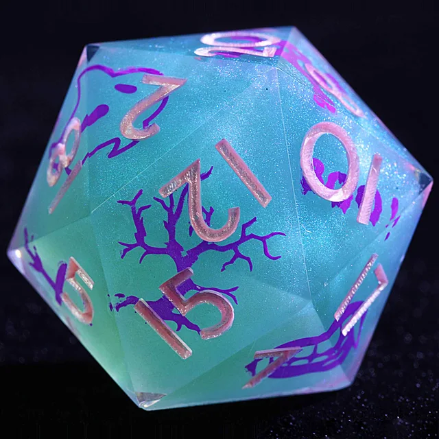 Close-up of a teal-blue glitter D20 with pink numbers and a violet branching-tree design.