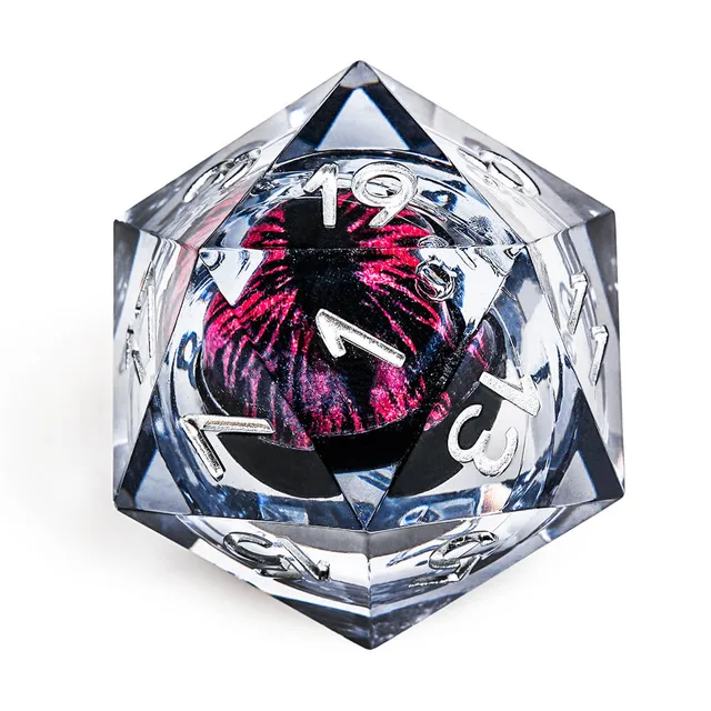 Close-up of a clear dark D20 with silver numbers and a magenta-black core.