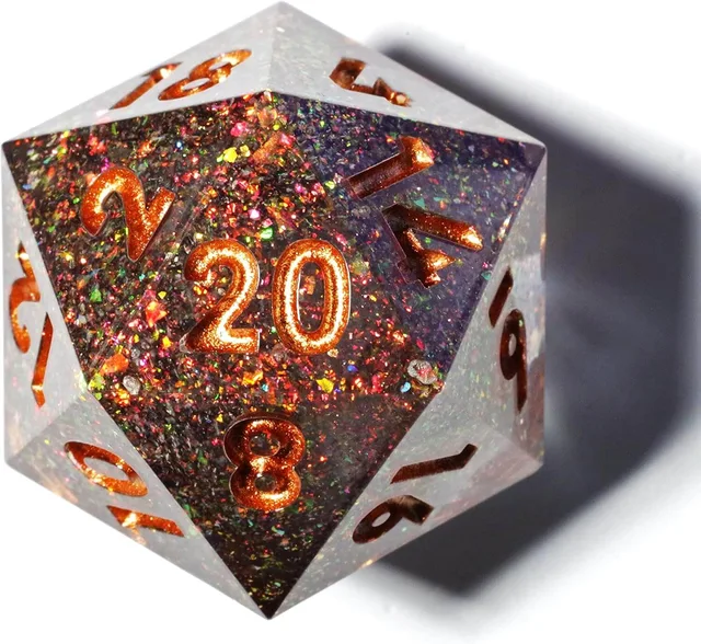 Close-up of a sharp-edged D20 with multicoloured glitter and copper-orange numbers.