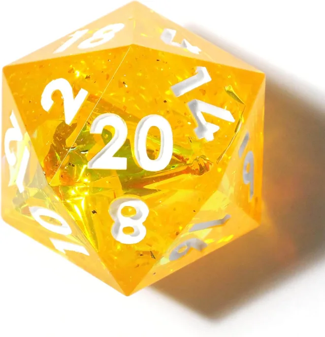 Close-up of a translucent golden-yellow D20 with white numbers and reflective inclusions.
