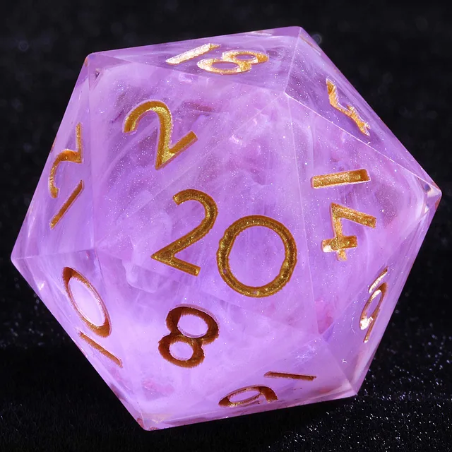 Close-up of a lavender-purple D20 with cloudy swirls, sparkle and gold numerals.