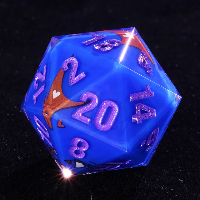 Close-up of a blue D20 with purple numbers, clear edges, and red and white clown details.
