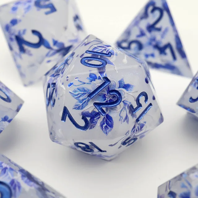 Close-up of a blue-numbered floral D20.
