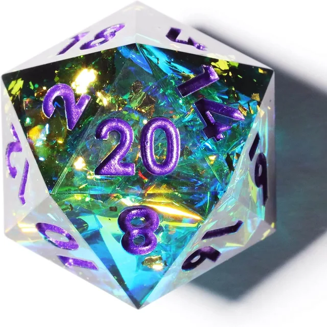 Close-up of a turquoise D20 with iridescent inclusions and purple numbers.