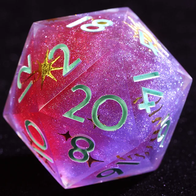 Close-up of a crimson and violet glitter D20 with mint numerals and gold star accents.