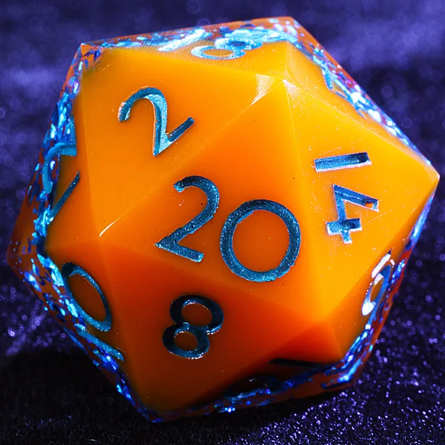 Close-up of an orange D20 with a dark reflective band and metallic blue-looking numbers.