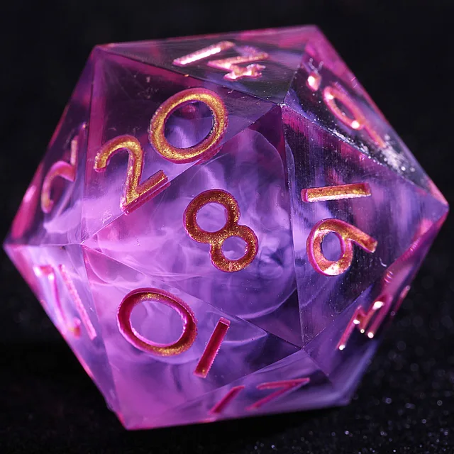 Close-up of a purple D20 with cloudy swirls and metallic pink-gold numbers.