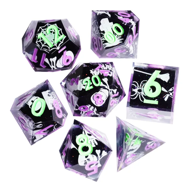 Seven purple and dark dice with green and purple numerals and white spooky motifs on white.