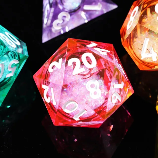 Pink-red liquid-core D20 with white numerals