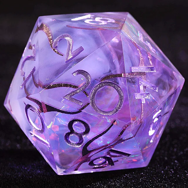 Close-up of a lavender D20 with dark branching veins, iridescent flecks and metallic-looking numerals.