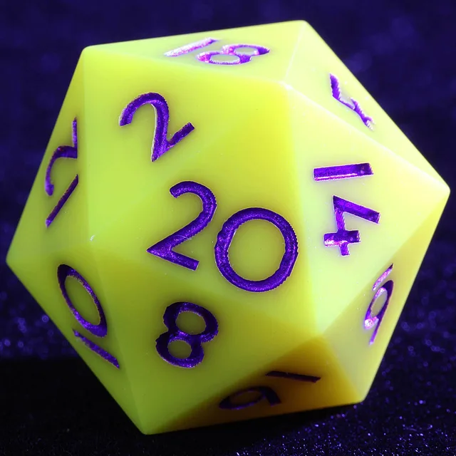 Close-up of a bright yellow-green D20 with purple numerals.
