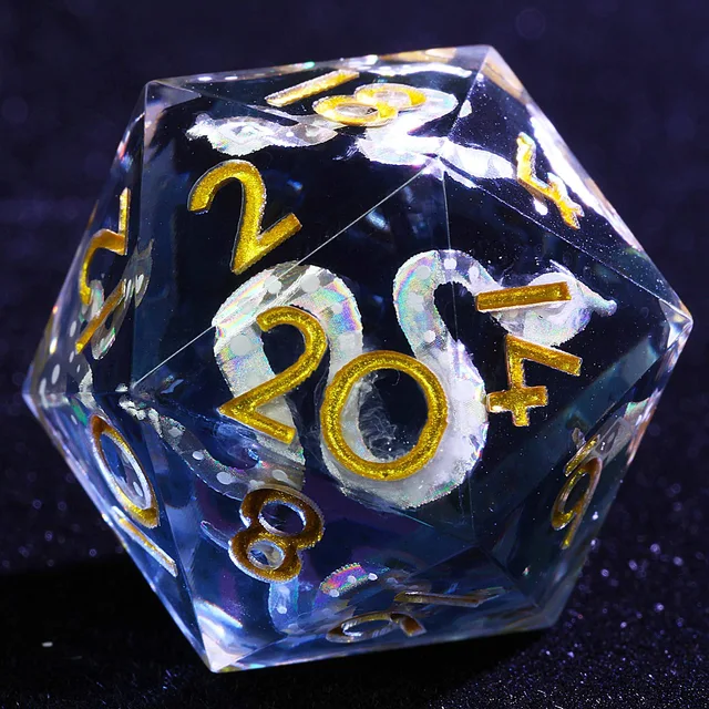 Close-up of a dark-blue and clear D20 with an iridescent white serpent and gold numbers.