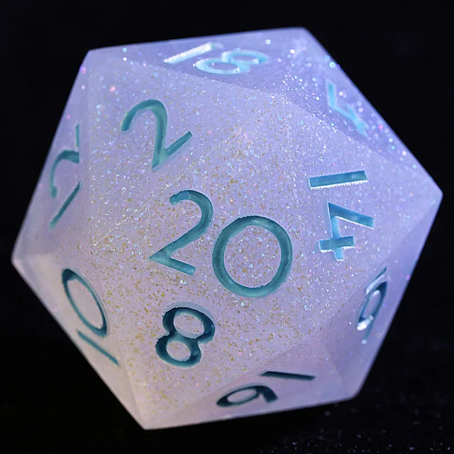 Close-up of a pale blue-lavender glitter D20 with teal numerals.
