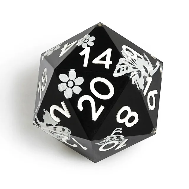 Black D20 with white numbers, butterflies, and flowers.