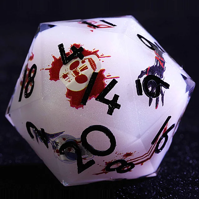 Close-up of a pearlescent white D20 with black numerals, a skull and red splatters.