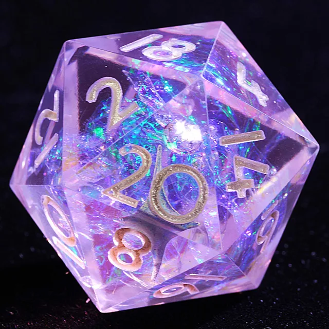 Close-up of a translucent lavender D20 with blue-green iridescent inclusions and pale metallic numerals.