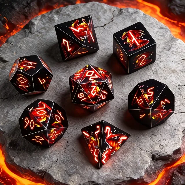 Black polyhedral dice with white speckles, red and orange dragon illustrations, and bright red-and-white numbers.