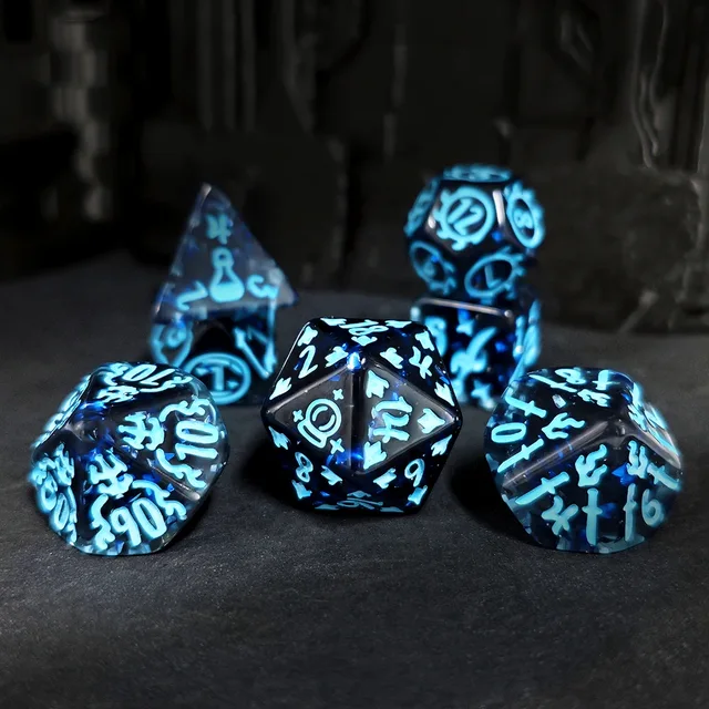 Dark translucent blue polyhedral dice with bright cyan numbers and symbols, scattered blue flecks and small star-like accents.