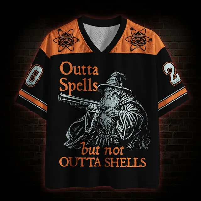 Black V-neck T-shirt with orange shoulders and sleeve stripes, a grey robed figure on the front, and “BOOM!”, 20 and a die graphic on the back.