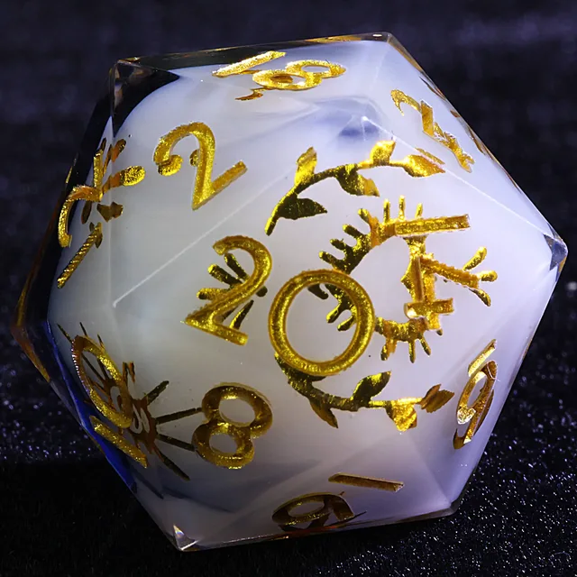 Nine-piece resin dice set with a D4, two D6s, a D8, a D10, a percentile die, two D12s and a D20.